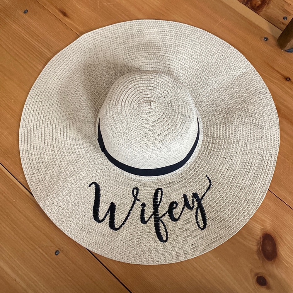 Destination Beach Wedding Wifey Embroidered Straw Hat for Newlywed Black Ribbon
